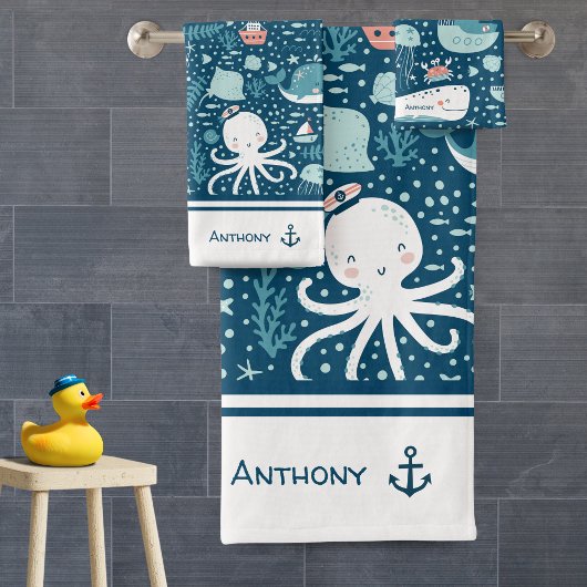 Navy Blue en White Nautical Pattern Boy Bathroom Bad Handdoek