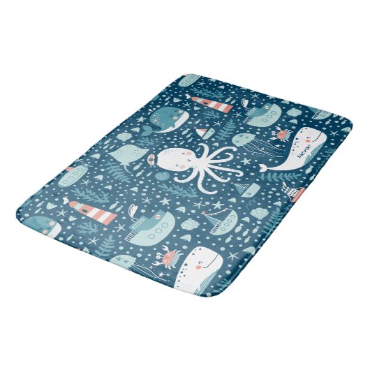 Navy Blue en White Nautical Pattern Boy Bathroom Badmat (Gekanteld)