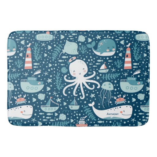 Navy Blue en White Nautical Pattern Boy Bathroom Badmat (Voorkant)