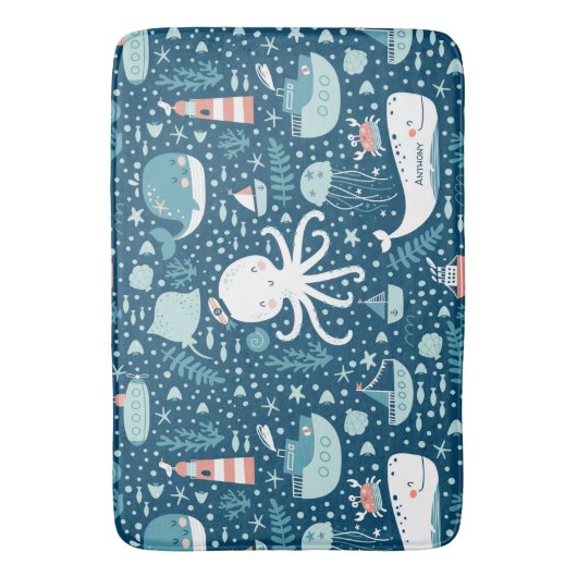 Navy Blue en White Nautical Pattern Boy Bathroom Badmat (Voorkant Verticaal)