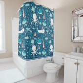 Navy Blue en White Nautical Pattern Boy Bathroom Douchegordijn (In situ)