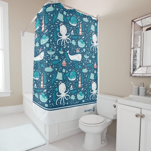 Navy Blue en White Nautical Pattern Boy Bathroom Douchegordijn (In situ)