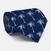 Navy Blue en White Palm Tree Pattern Stropdas (Opgerold)