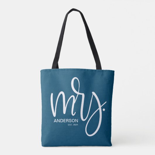 Navy Blue en white personalized Mrs. ESTABLISHED Tote Bag (Achterkant)
