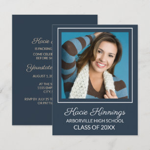 Navy Blue en White Photo Trunk Party Kaart