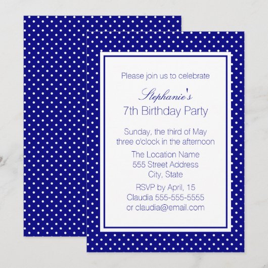 Navy Blue en White Polka Dot Birthday Party Kaart (Voorkant / Achterkant)