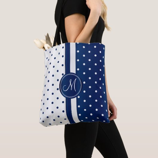 Navy Blue en White Polka Dot Design Tote Bag (Dichtbij)