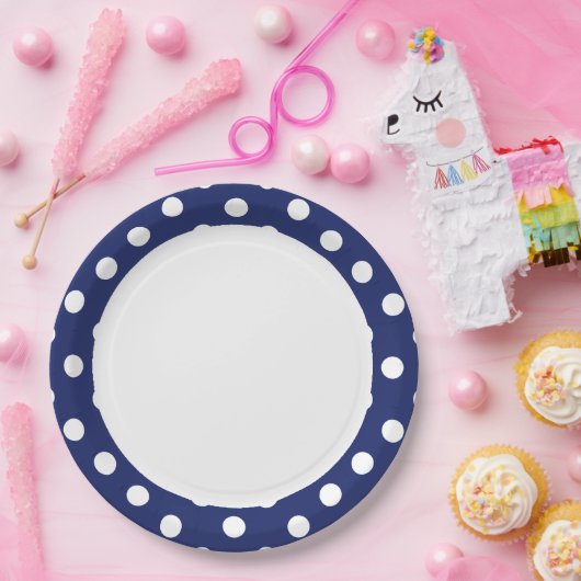 Navy Blue en White Polka Dot Pattern Papieren Bordje (Feest)
