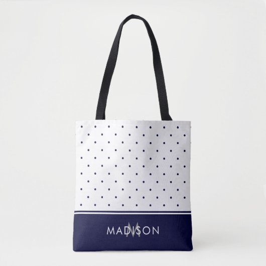 Navy Blue en White Polka Dots met Monogram Tote Bag (Voorkant)