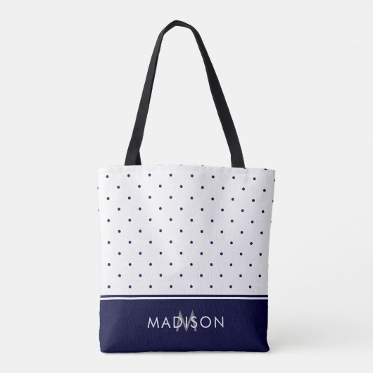 Navy Blue en White Polka Dots met Monogram Tote Bag (Achterkant)