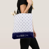 Navy Blue en White Polka Dots met Monogram Tote Bag (Dichtbij)