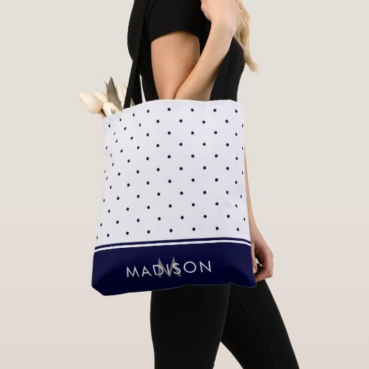 Navy Blue en White Polka Dots met Monogram Tote Bag (Dichtbij)