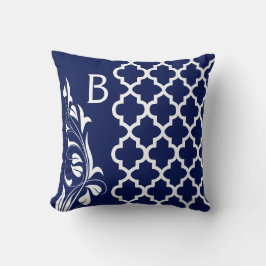 Navy Blue en White Quatrefoil Monogram Floral Kussen
