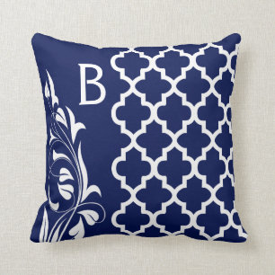 Navy Blue en White Quatrefoil Monogram Floral Kussen
