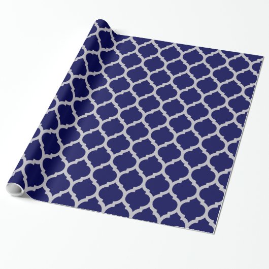 Navy Blue en White Quatrefoil Moroccan Pattern Cadeaupapier (Uitgerold)