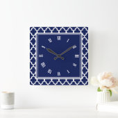 Navy Blue en White Quatrefoil Pattern Vierkante Klok (Huis)