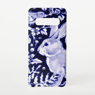 Navy Blue en White Rabbit Bunny Bird Chinoiserie Samsung Galaxy S10 Hoesje