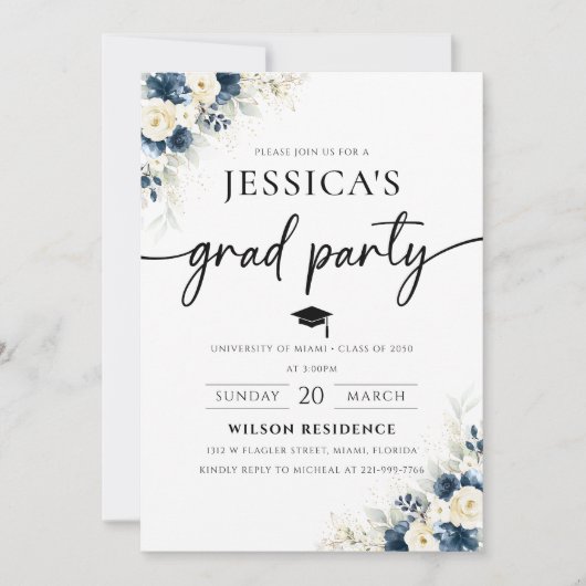 Navy Blue en White Rose Afstuderen Invitation Kaart (Voorkant)