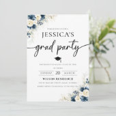 Navy Blue en White Rose Afstuderen Invitation Kaart (Staand voorkant)