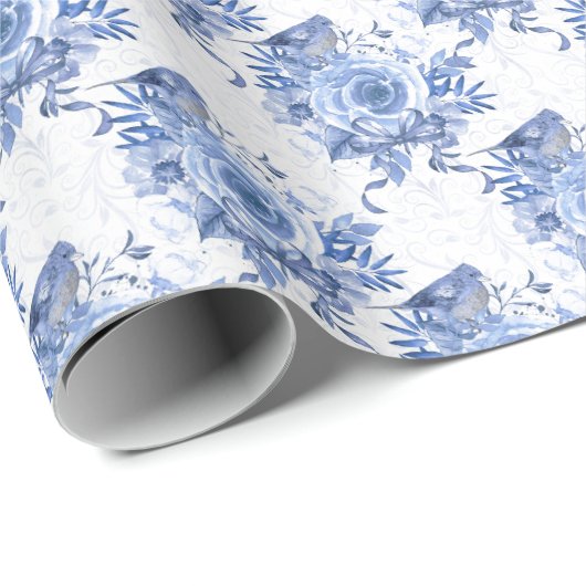 Navy Blue en White Rose Floral Cadeaupapier (Rol Hoek)