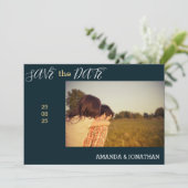 Navy Blue en White Rose Foto Save the Date Kaart (Staand voorkant)