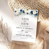 Navy Blue en White Rose Save The Date Cards