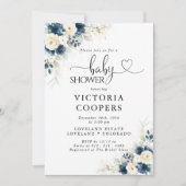 Navy Blue en White Roses Baby shower Invitation Kaart (Voorkant)