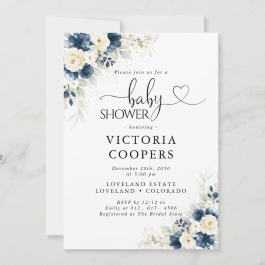 Navy Blue en White Roses Baby shower Invitation Kaart (Voorkant)