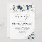 Navy Blue en White Roses Baby shower Invitation Kaart (Voorkant)