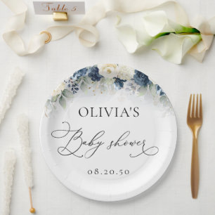 Navy Blue en White Roses Baby shower Papieren Bordje