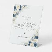 Navy Blue en White Roses Gastenboek bord Reclamebord Met Voetstuk (Voorkant)