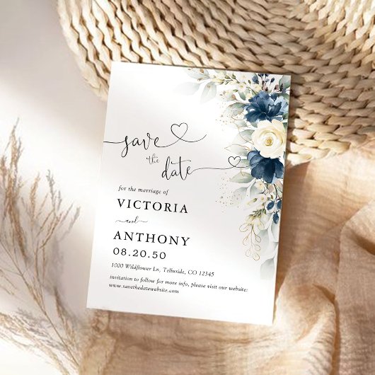 Navy Blue en White Roses Save The Date Kaart