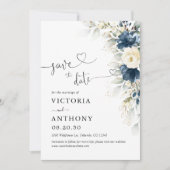Navy Blue en White Roses Save The Date Kaart (Voorkant)