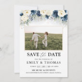 Navy Blue en White Roses Save The Date met Foto (Voorkant)