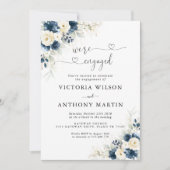 Navy Blue en White Roses Verlovingsfeest Kaart (Voorkant)