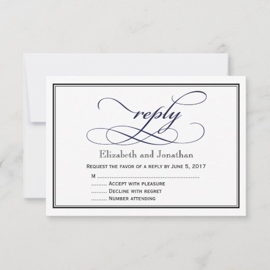 Navy Blue en White Script Wedding Reply Kaart (Voorkant)