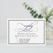 Navy Blue en White Script Wedding Reply Kaart (Staand voorkant)