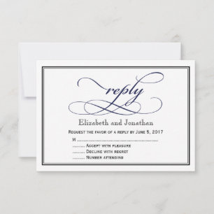 Navy Blue en White Script Wedding Reply Kaart