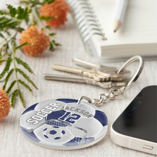 Navy Blue en White Soccer ⚽ Ball Sleutelhanger (Voorkant Rechts)