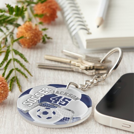 Navy Blue en White Soccer ⚽ Ball Sleutelhanger (Voorkant Rechts)