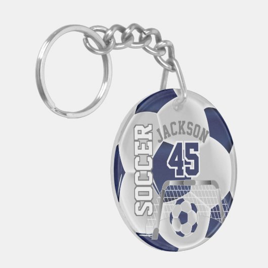 Navy Blue en White Soccer ⚽ Ball Sleutelhanger (Voorkant Links)