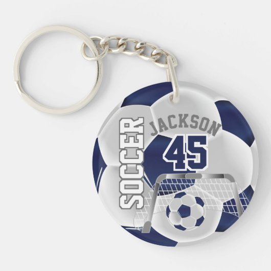 Navy Blue en White Soccer ⚽ Ball Sleutelhanger (Voorkant)