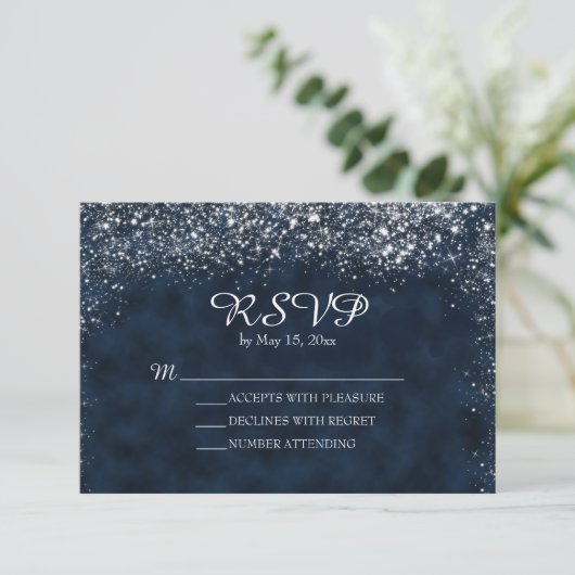 Navy Blue en White Stardust Wedding RSVP (Staand voorkant)