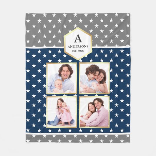 Navy Blue en White Stars Pattern Foto Collage Fleece Deken (Voorkant)