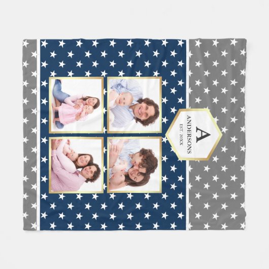 Navy Blue en White Stars Pattern Foto Collage Fleece Deken (Voorkant (Horizontaal))