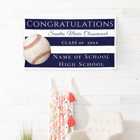 Navy Blue en White Striped Baseball afstuderen Spandoek (Insitu)
