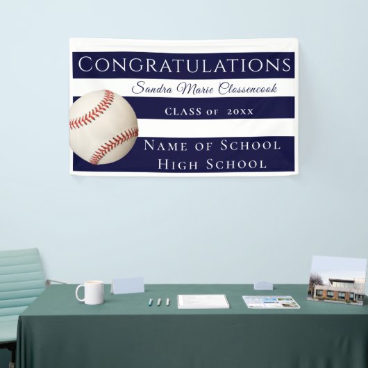 Navy Blue en White Striped Baseball afstuderen Spandoek (Beurs)
