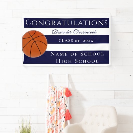 Navy Blue en White Striped Basketball afstuderen Spandoek (Insitu)