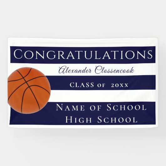 Navy Blue en White Striped Basketball afstuderen Spandoek (Horizontaal)
