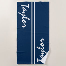 Navy Blue en White Striped Custom Name Strandlaken
